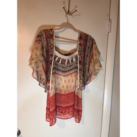 Lane Bryant Blouse 18/20 Cream Pink Brown Butterfly Sleeves Sheer Flowy Bohochic - Picture 1 of 4